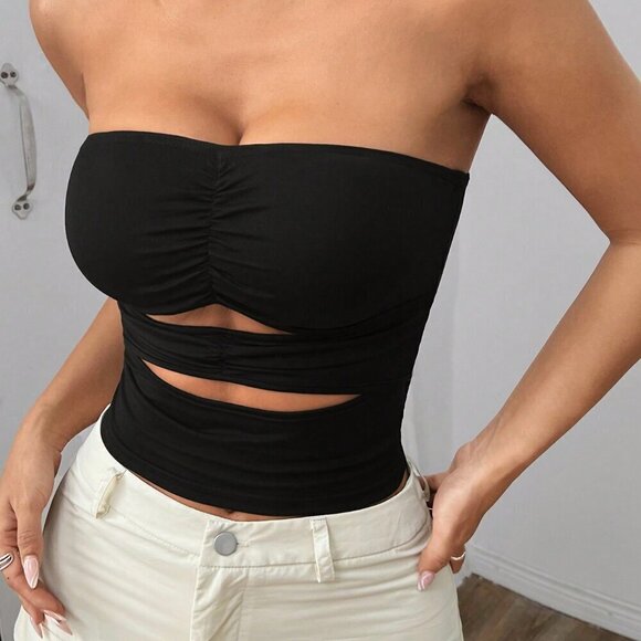 Black Casual Women's Summer Strapless Wavy Hollow Out Slim Fit Top - Picture 4 of 5